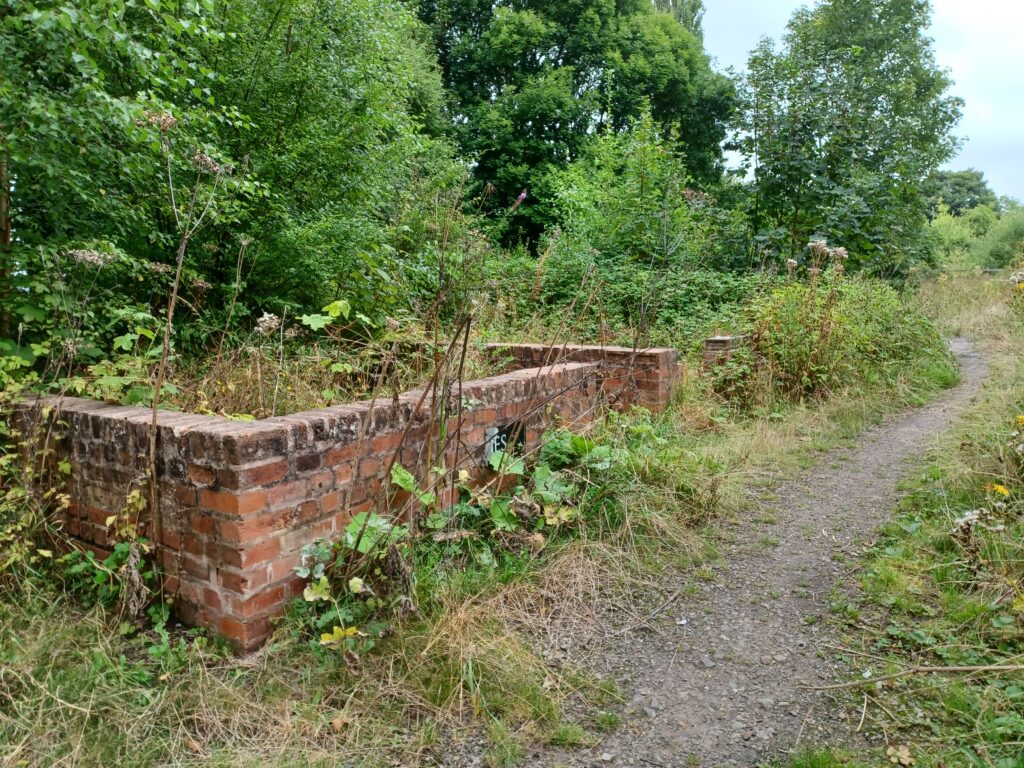 The remains of the Ladies Waiting Room. Part of a sign remains but is illegible. The foundations are full of brambles.