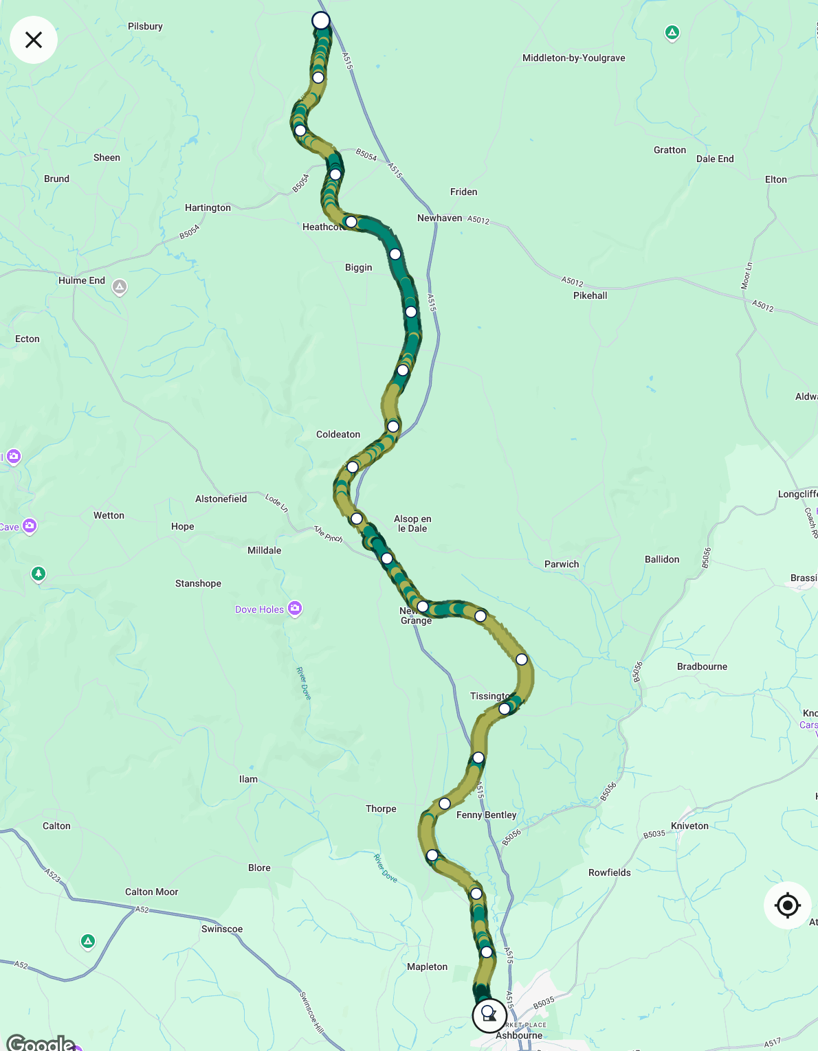 A map, showing the route of the Tissington Trail between Ashbourne (bottom) and Parlsey Hay (top).